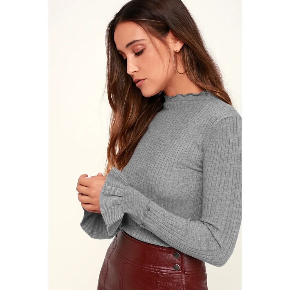Lulus Black Swan Heather Grey Long Sleeve Mock Neck Sweater Top - Picture 4 of 5